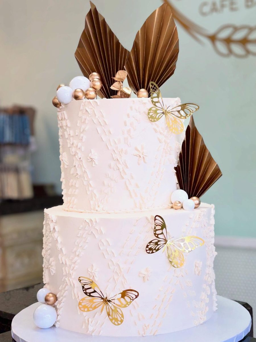 Two Tier Cake with Gold Butterflies from Tarzana Bakery