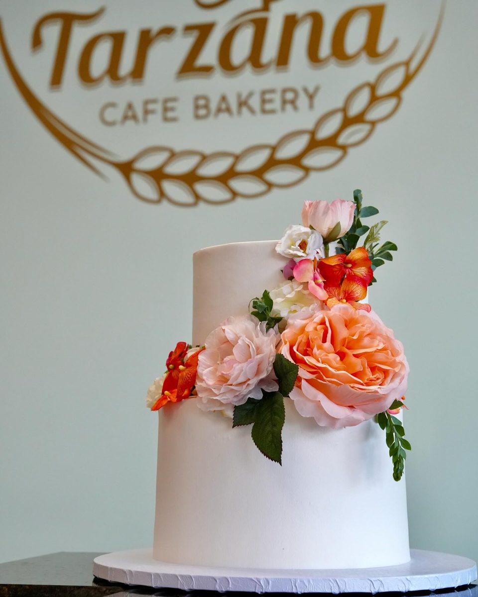 White Tiered Cake With Peach Flowers from Tarzana Bakery