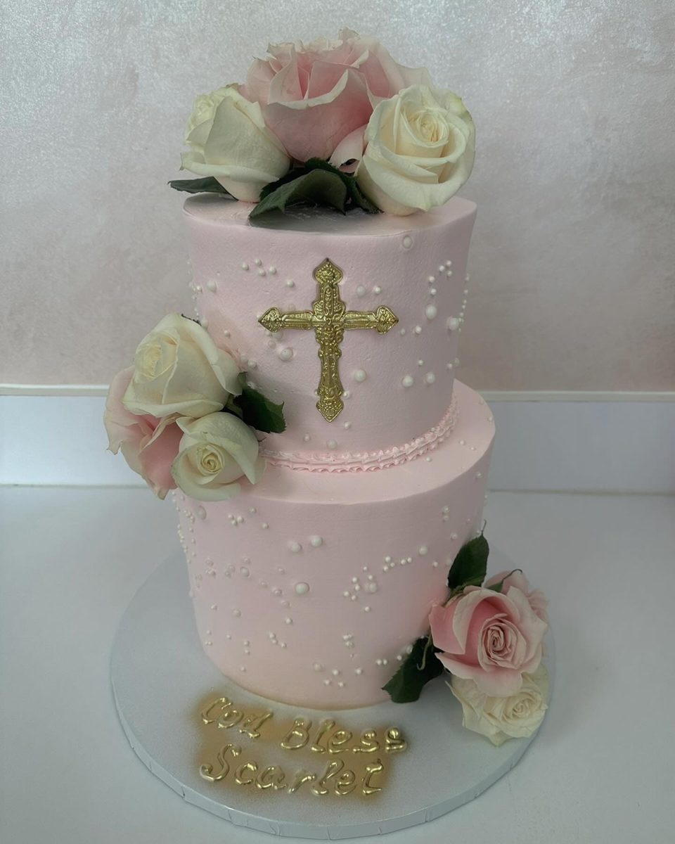 Pink Rose Cake with Gold Cross from Tarzana Bakery