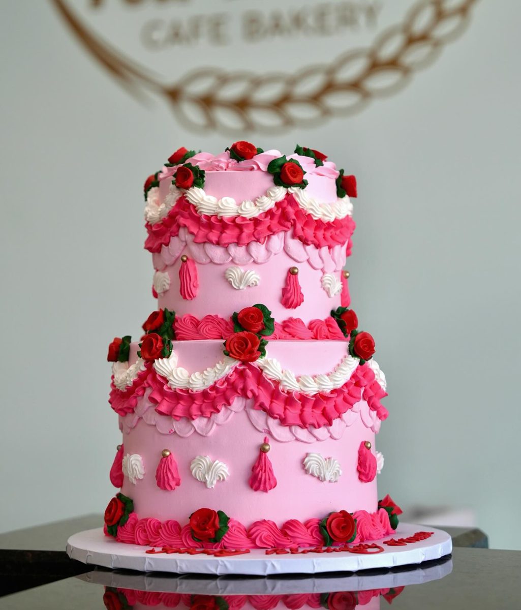 Pink Ruffle Cake With Red Roses from Tarzana Bakery