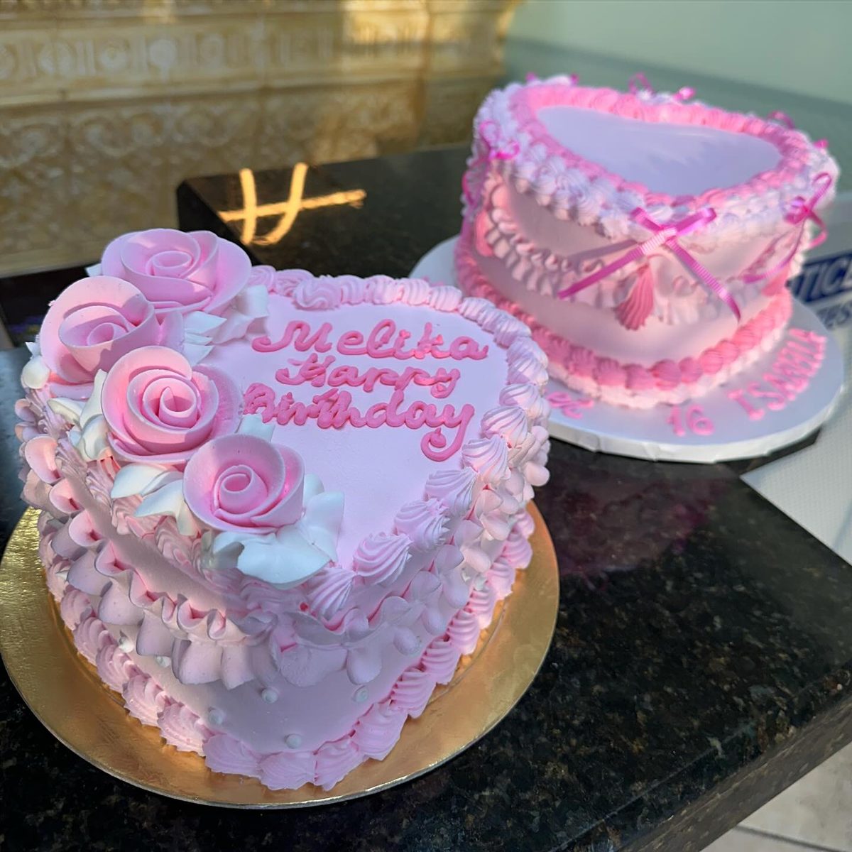 Pink Heart Cakes With Roses and Bows from Tarzana Bakery