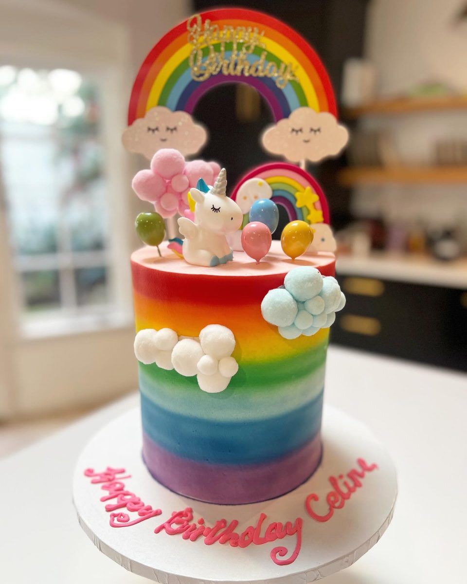 Rainbow Unicorn Cake With Cloud Decorations from Tarzana Bakery