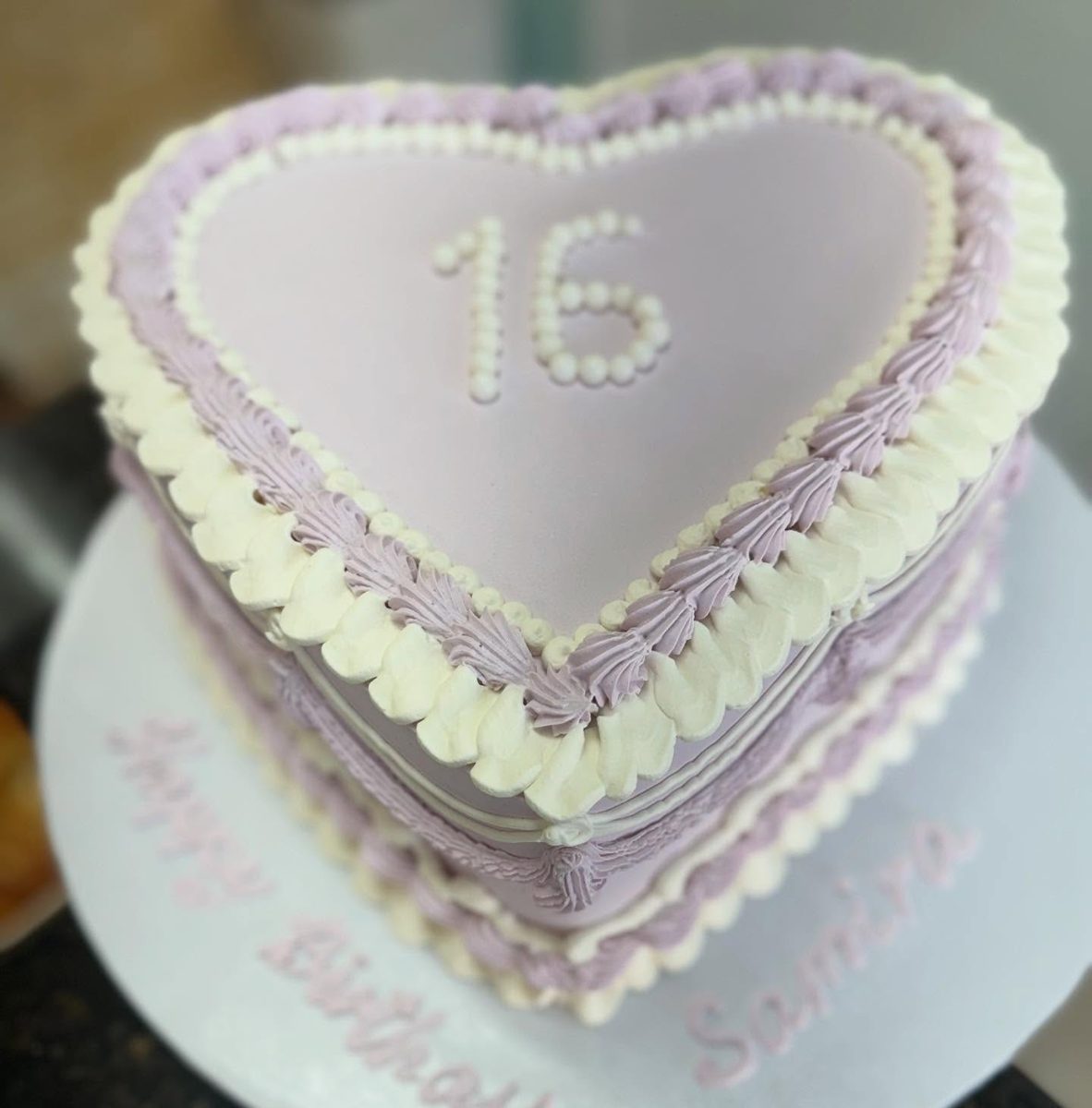Lavender Heart Cake With White Piping from Tarzana Bakery