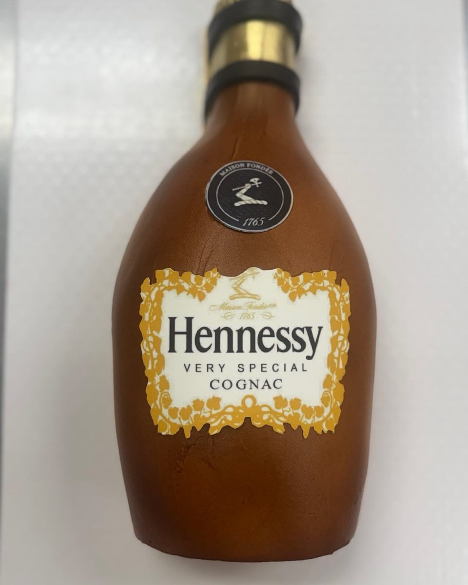 Brown Bottle Cake with Gold Label from Tarzana Bakery