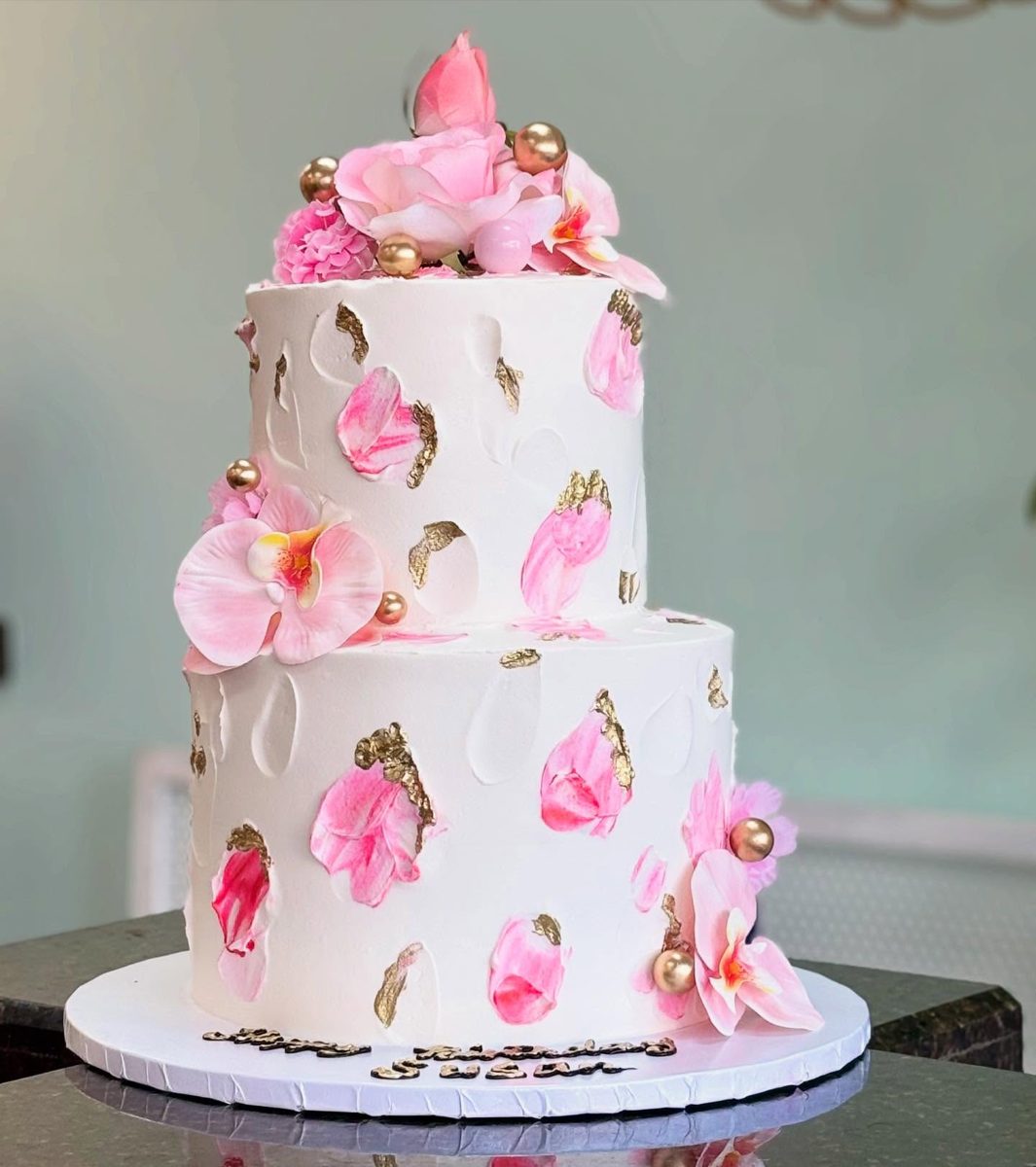 Two-Tier Pink Floral Gold Accent Cake from Tarzana Bakery