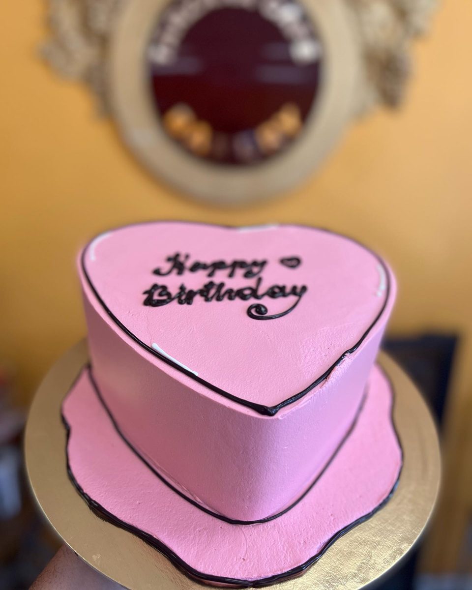 Pink Heart Cake With Black Piping from Tarzana Bakery