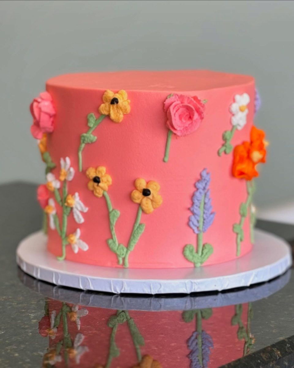 Coral Pink Cake With Piped Flowers from Tarzana Bakery