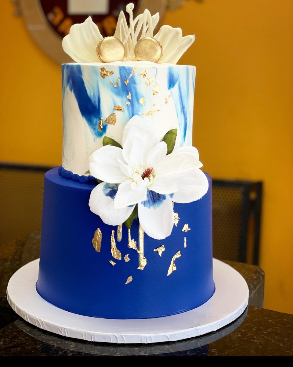Blue and Gold White Flower Cake from Tarzana Bakery