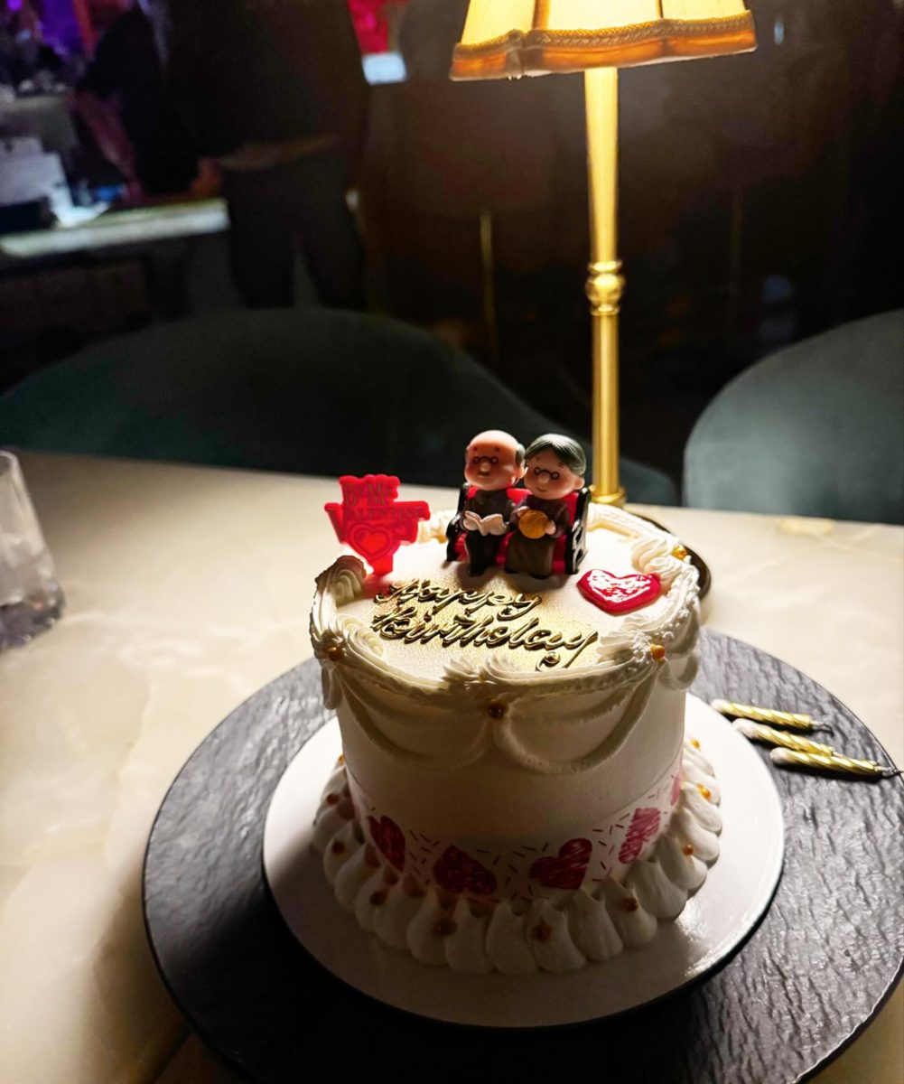 Heart Decorated Birthday Cake with Seated Figurines from Tarzana Bakery