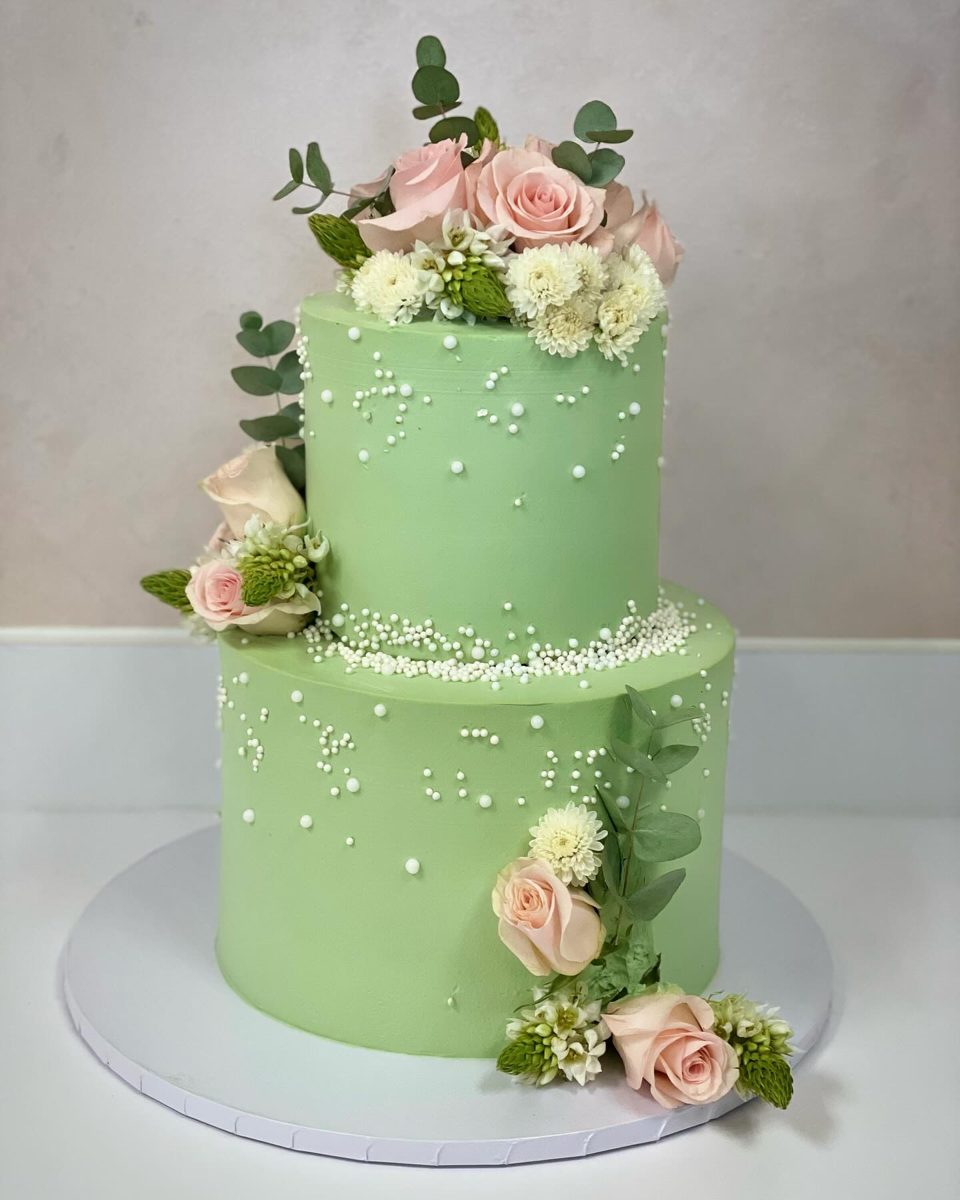 Green Two Tier Cake With Pink Roses from Tarzana Bakery