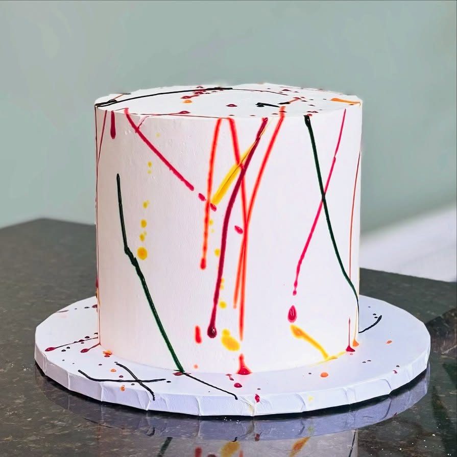 White Cake with Colorful Splatter from Tarzana Bakery
