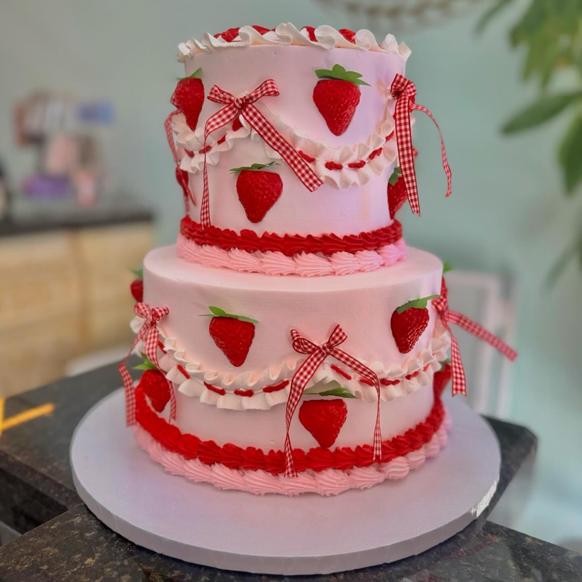 Pink Strawberry Motif Cake with Gingham Bows from Tarzana Bakery