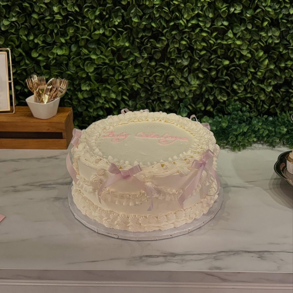 White Piped Cake with Pink Bows from Tarzana Bakery