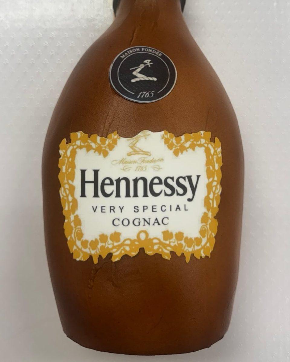 Brown Bottle Cake with Gold Label from Tarzana Bakery