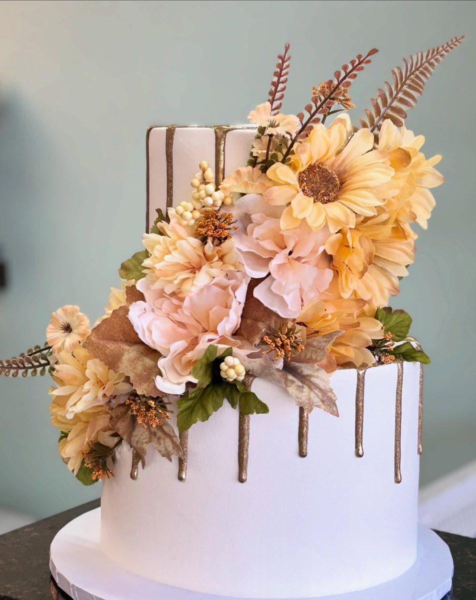Gold Drip Cake with Cascading Flowers from Tarzana Bakery