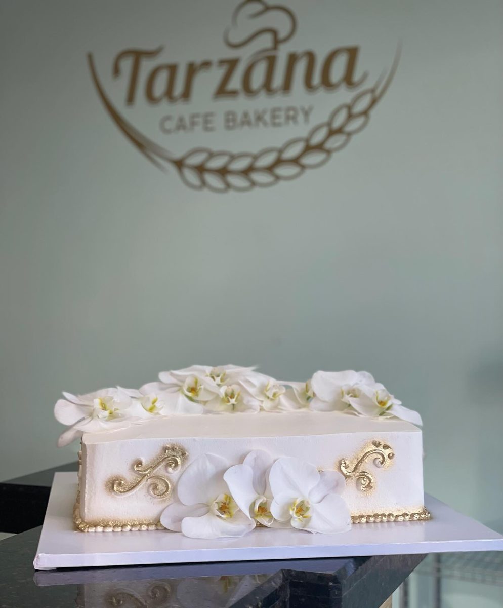White Orchid Cake With Gold Scrollwork from Tarzana Bakery