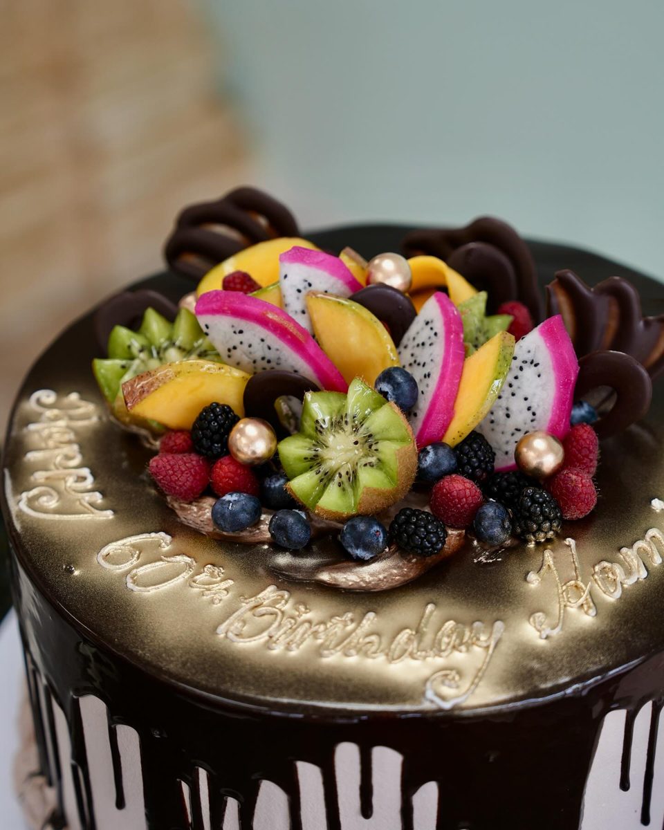 Gold Topped Drip Cake with Fruit from Tarzana Bakery