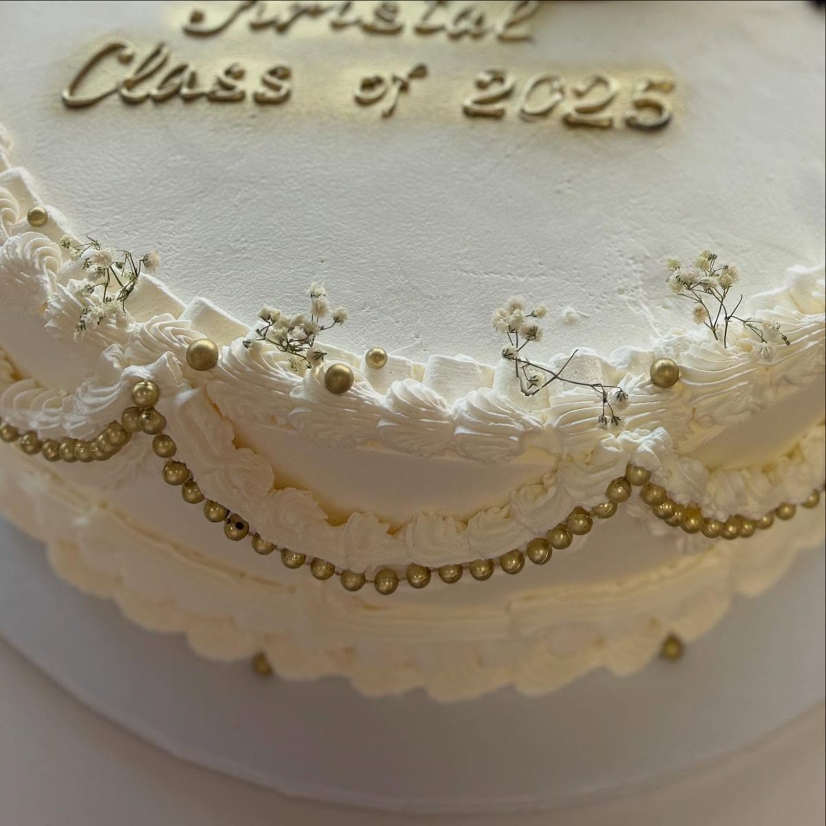 White Cake With Gold Bead Swags from Tarzana Bakery