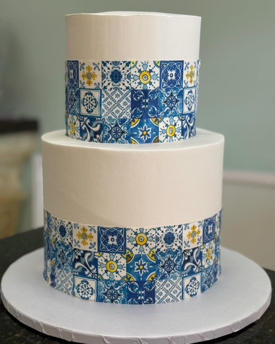 Two-Tier Cake With Blue Tile Patterns from Tarzana Bakery