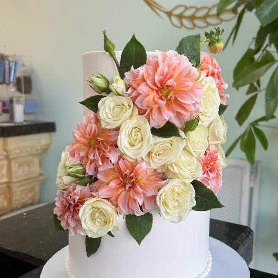 White Cake with Cascading Pink Flowers from Tarzana Bakery
