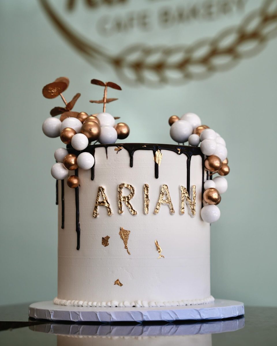 White Cake With Black Drips and Gold from Tarzana Bakery