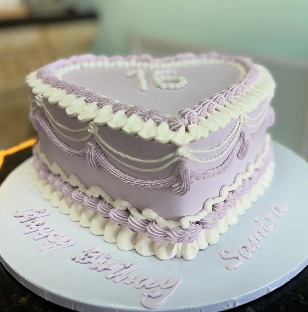 Lavender Heart Cake With Vintage Piping from Tarzana Bakery